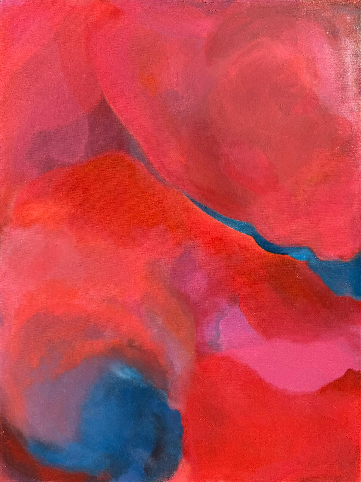 A Space of My Own von Simone Schweiger, Gesamtansicht mit korallroten und rosa Farbflächen und einer tiefblauen Spur.