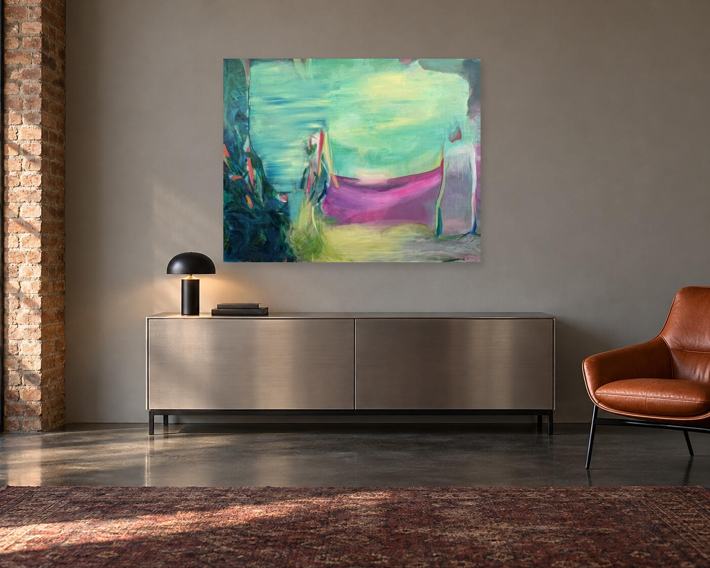 Fiktive moderne Wohnsituation mit Nachklang, 100 × 80 cm, über einem 160 cm breiten Edelstahl-Sideboard.